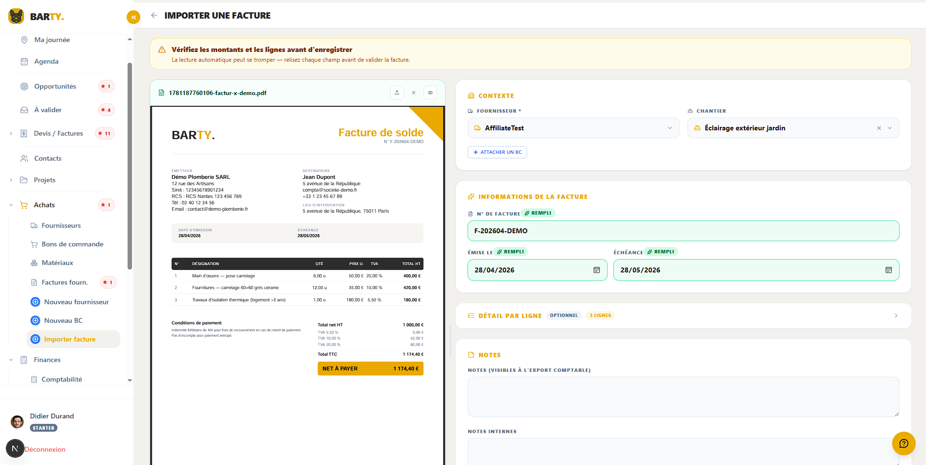 Achats — Import facture fournisseur